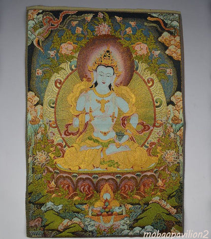 24"Old Chinese Silk Embroidery Tibetan Buddhist Thangka Vajrasattva Mahāsattva