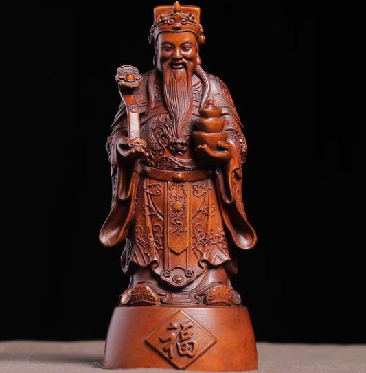 7.5" Boxwood Carved Caishen Statue God Wealth Money Home Shrine Decor Blessing