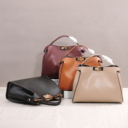 Real Leather Trapezoid Twist-Lock Tote Shoulder Bag Purse Crossbody Top Handle