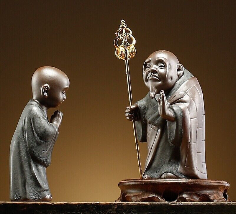 2 Pcs Chinese Porcelain Old Little Monk Statue Buddha Buddhism Zen Figure Decor