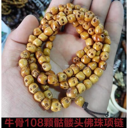 Vintage 108 Bead Buddhism Tibetan Yak Bone Skull Meditation Prayer Mala Necklace