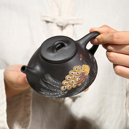 Full Handmade Tea Pot Marked Shipiao Pot Peacock Relief Master Real Yixing Zisha