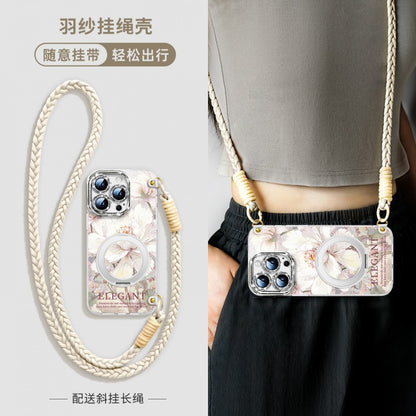 For iPhone 16 Pro/15/14/13 Flower Phone Case with Lanyard/Stand/Crossbody Strap