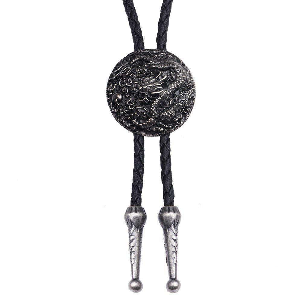 Men Women Bolo Ties Ethnic Fashion Silver Chinese Dragon Necklace Chain Pendant