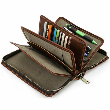 Men Leather Clutch Bag Wallet Zipper Purse Money Card Passport Pens Coins Holder