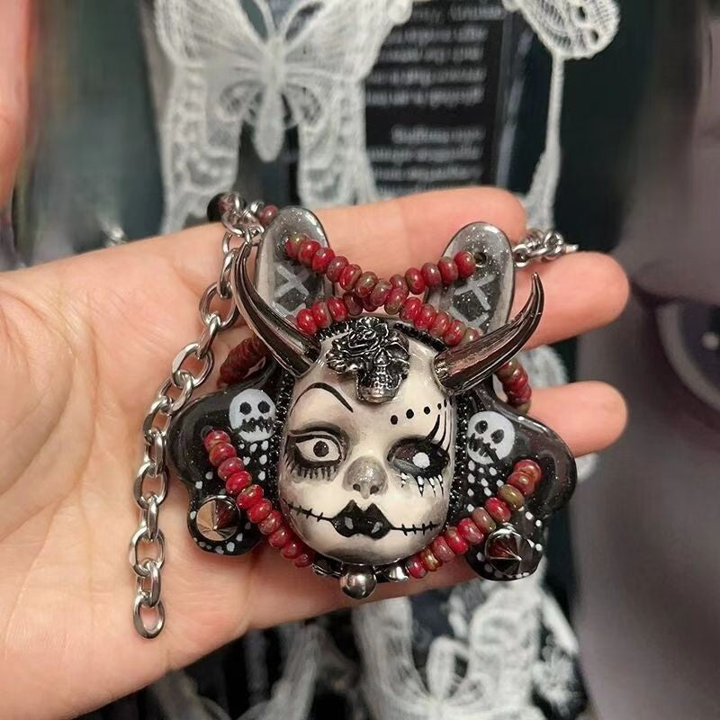 Unique Punk Vintage Rabbit Choker Ring Necklace Dark Beaded Chain Jewelry