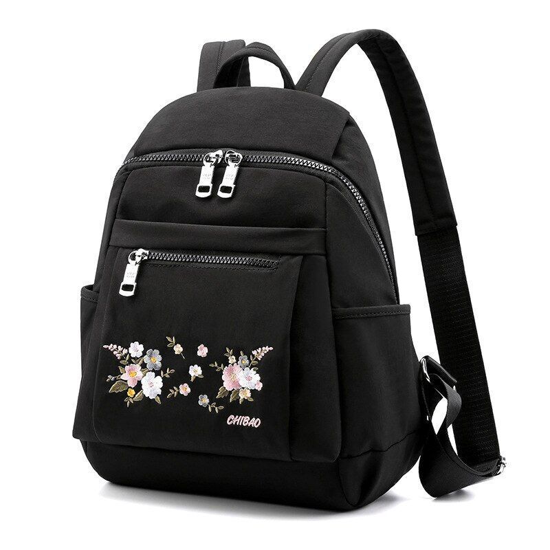 Nylon Backpack Black Zipper School Bags Flower Embroidery Rucksack High Capacity