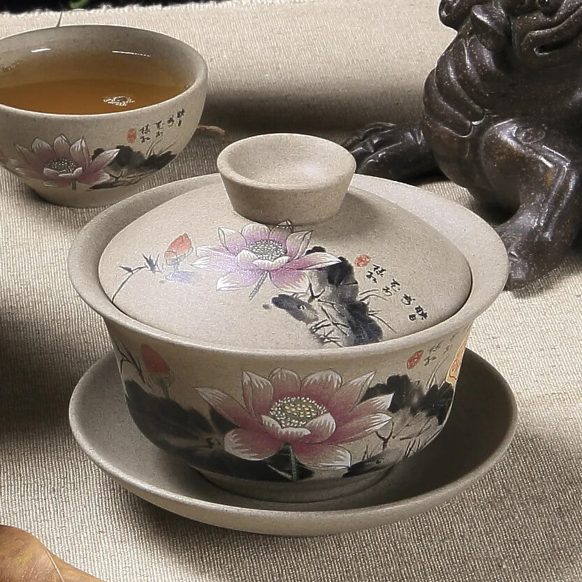 Chinese Kung Fu Teapot Pottery Clay Tea Cup Classical Gaiwan Handmade Tea Set