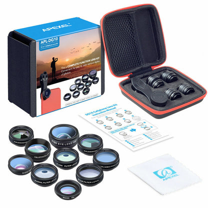APEXEL 10 in 1 Smartphone Lens Kit Fisheye Wide-Angle Macro Lens CPL Filter 2X