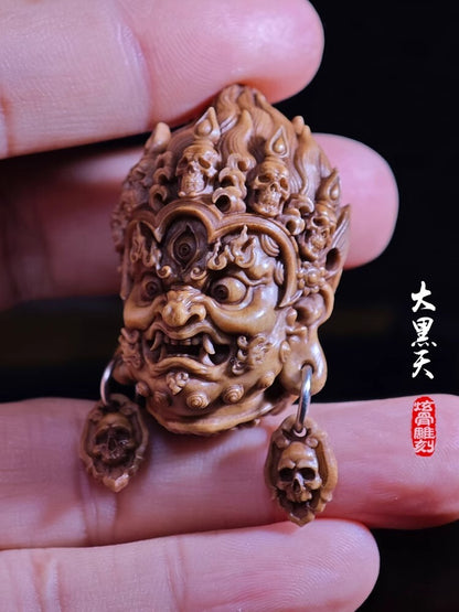 Buddhism Mahakala Head Carved Deer Antler Hand Carving Statue Pendant Amulet