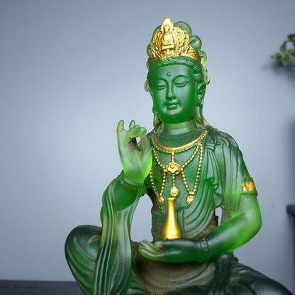 Chinese Old Coloured glaze Handmade Exquisite lotus Guanyin Statue