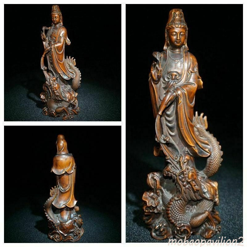 Antique Boxwood Carved Kwan Yin Statue Dragon Thinking Woman Art Wood Sculpture