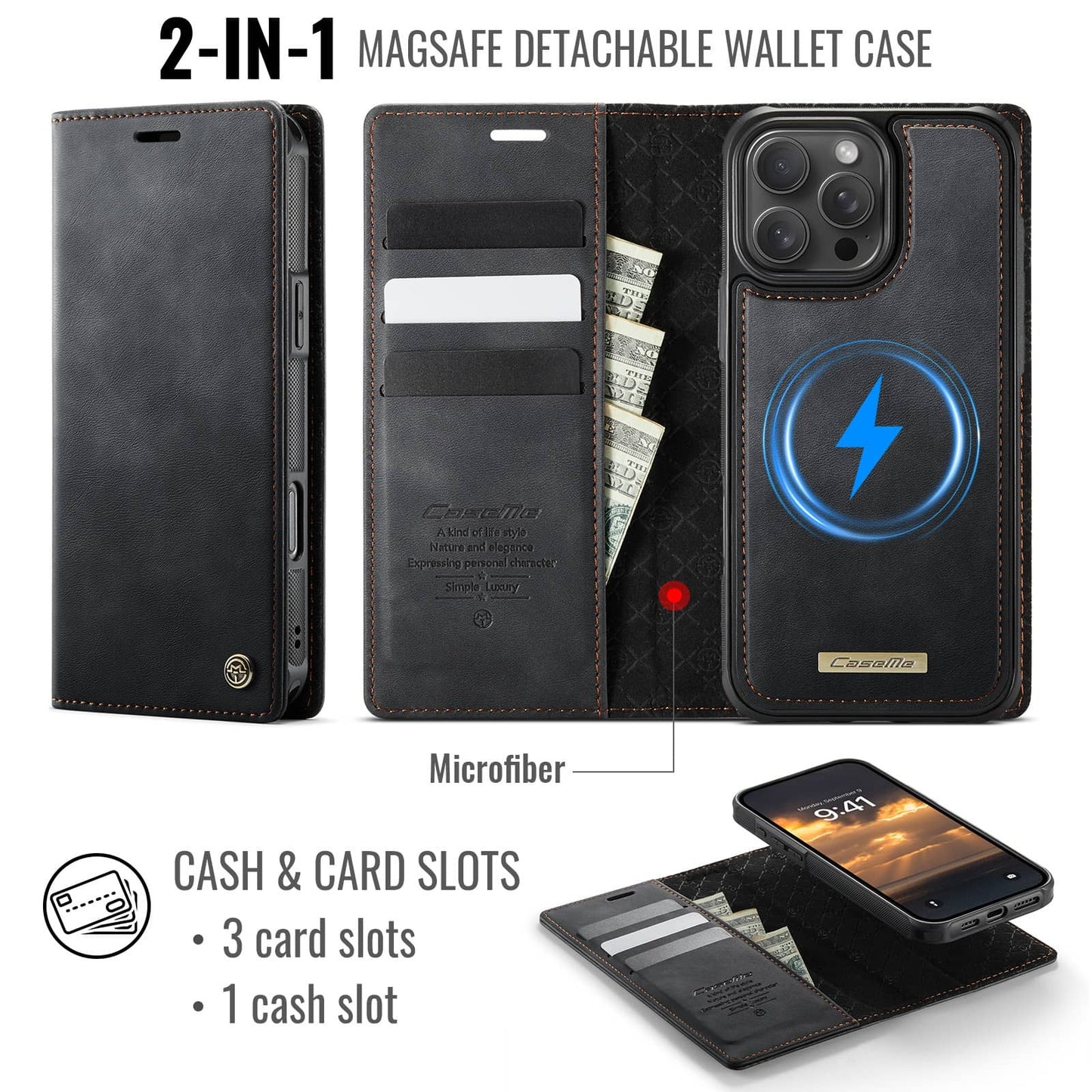 For iPhone 16e 16 15 14 13 12 11 Pro Max Detachable Wallet Case with Magsafe