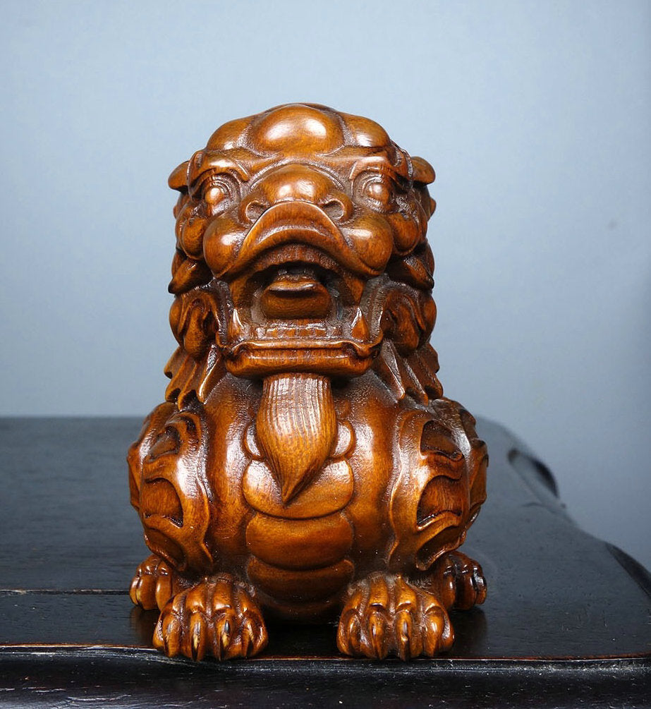 Old China Boxwood Wood Fengshui Kylin Chi-lin Qilin Lion Beast Auspicious Statue
