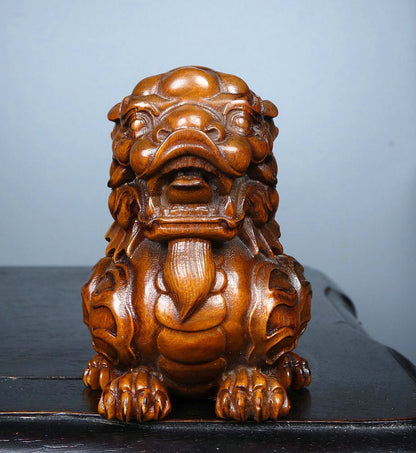 Old China Boxwood Wood Fengshui Kylin Chi-lin Qilin Lion Beast Auspicious Statue