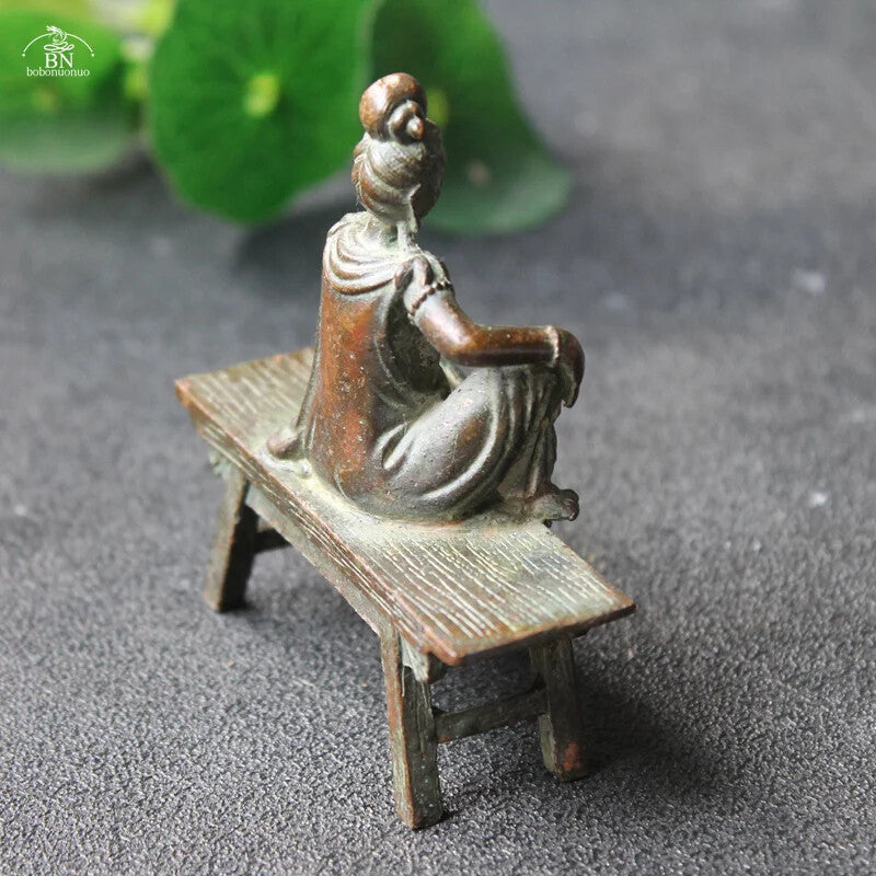 Antique Copper Bench Guanyin Bodhisattva Statue Desktop Ornament Buddha Figurine