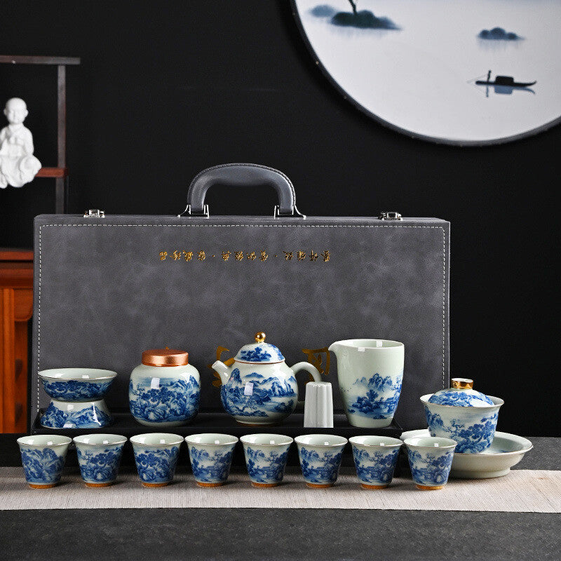 Complete Tea Set True Jingdezhen Blue And White Flower Country Kung Fu Tea Set