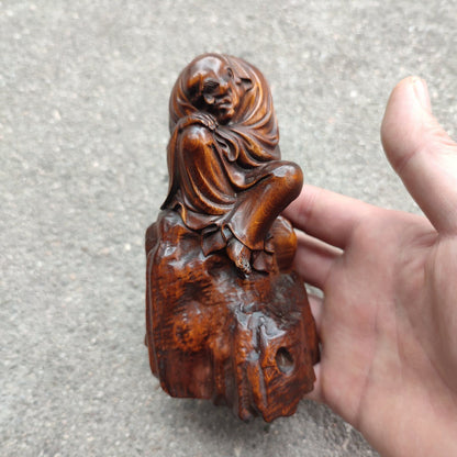 Chinese Boxwood Carving Monk Wooden Buddha Statue Figurine Dharma Home Decor Art