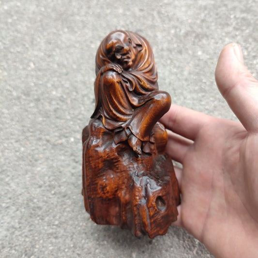 Chinese Boxwood Carving Monk Wooden Buddha Statue Figurine Dharma Home Decor Art