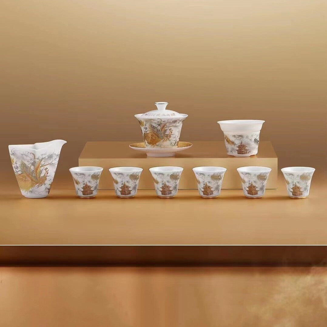 Boutique Tea Set Fat Mutton Jade Porcelain Teapot Gaiwan Hand Drawing Dragon Cup