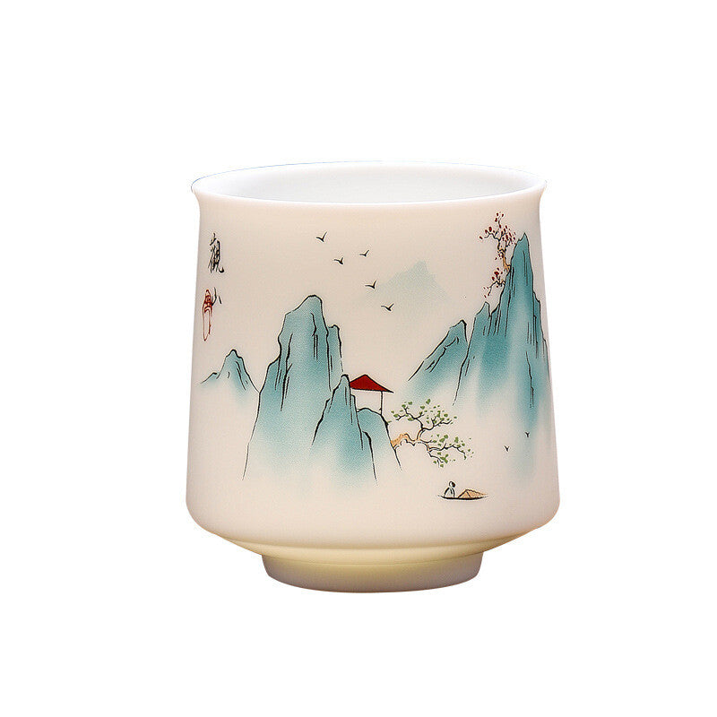 One Cup Fat Mutton Jade Porcelain Kungfu Tea Cup Mountain River Print Mug 110ml