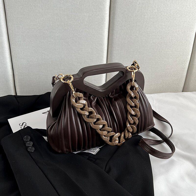 Handbag Thick Chain Handle Pleated Shoulder Bag Women Clutch Purses Crossbody