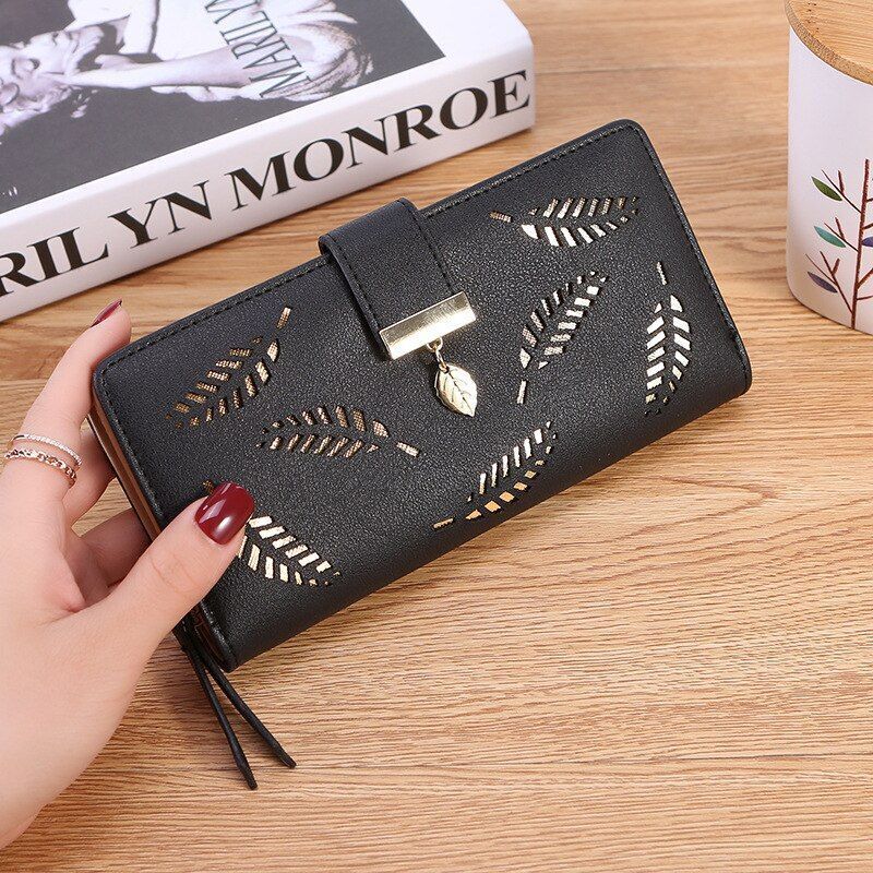 Fashion Hollow Leaf Wallet Casual Leather Pouch Zipper Card Bag Clutch Polyester