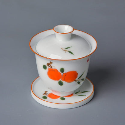 100ml Hand Painted Persimmon Pattern Gaiwan Teacup Porcelain Tea Bowl Tea Set