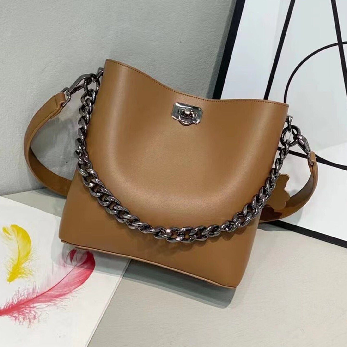 Shoulder Bag Bucket Metal Chain Handbag Leather Messenger 22*10*23 CM Polyester
