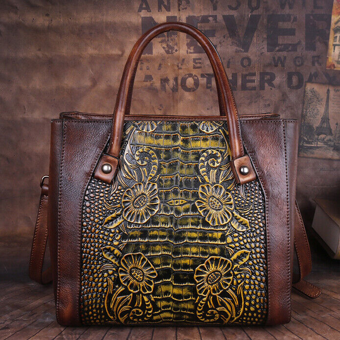 Top Cow Leather Women's Bag, Flower Embossed Designer Handbag Shoulder Bags