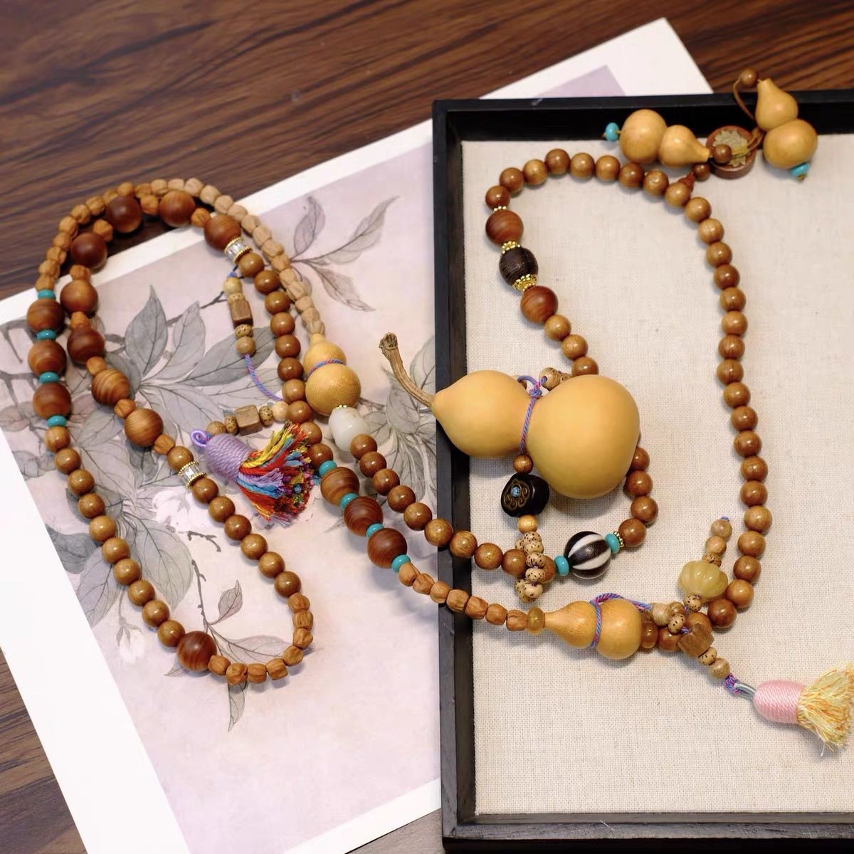 Guofeng Gourd Sandalwood Necklace Crystal Crossbody Double Tassel Beaded Chain