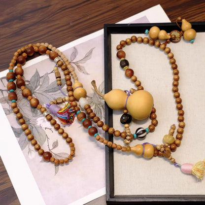 Guofeng Gourd Sandalwood Necklace Crystal Crossbody Double Tassel Beaded Chain