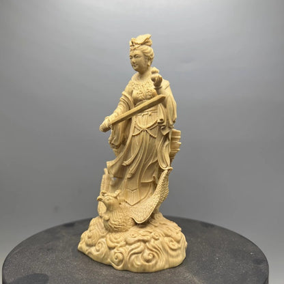 4.8" Boxwood Carved Mysterious Maiden Nine Heaven Statue Taoism Deity Collection