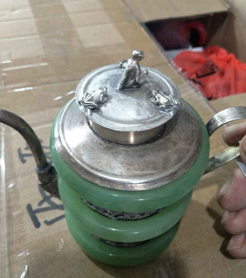 Old Chinese Tibetan-Silver Inlaid Jade Turquoise Dragon Teapot Collect
