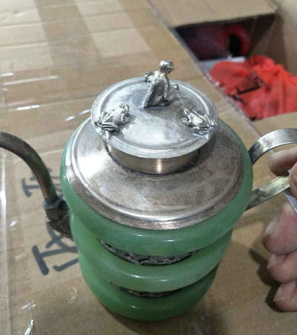 Old Chinese Tibetan-Silver Inlaid Jade Turquoise Dragon Teapot Collect