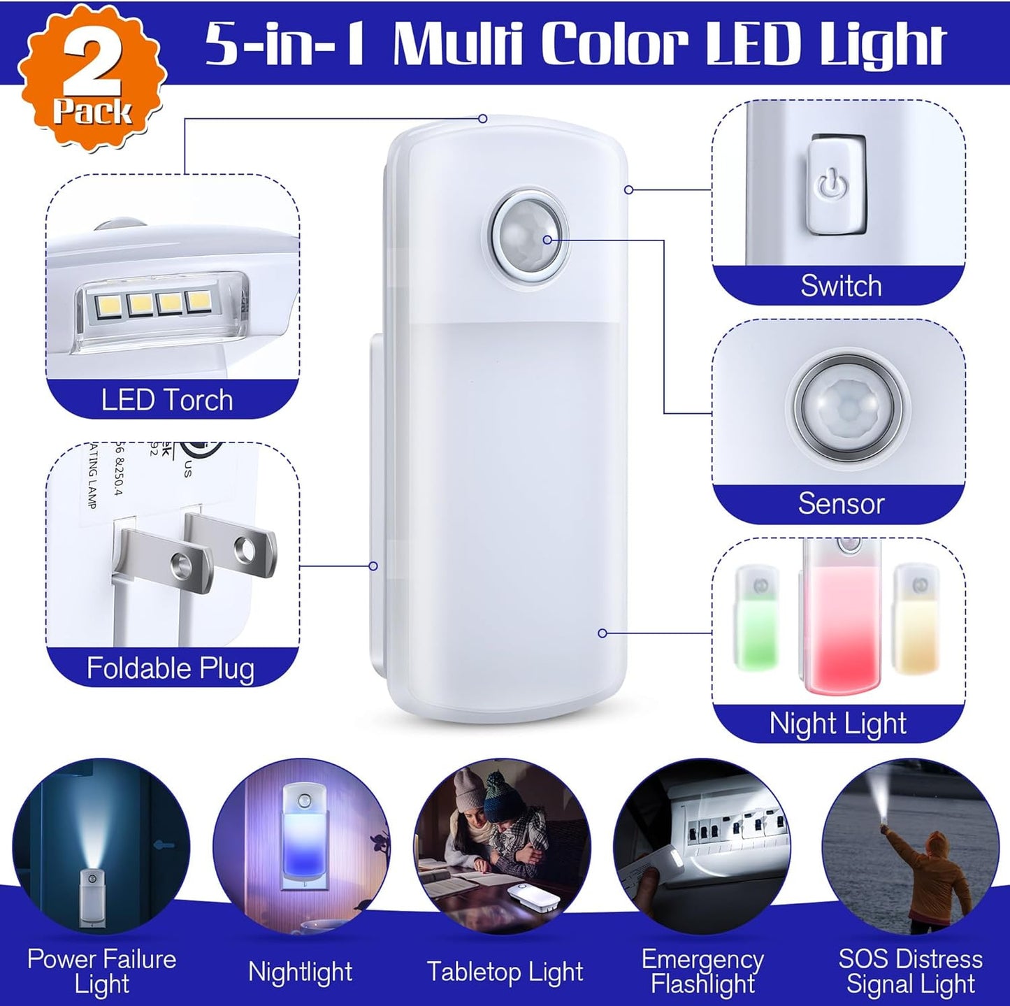 Emergency Power Failure Night Lights, 5-In-1 Multi Color LED Light, Rechargeable