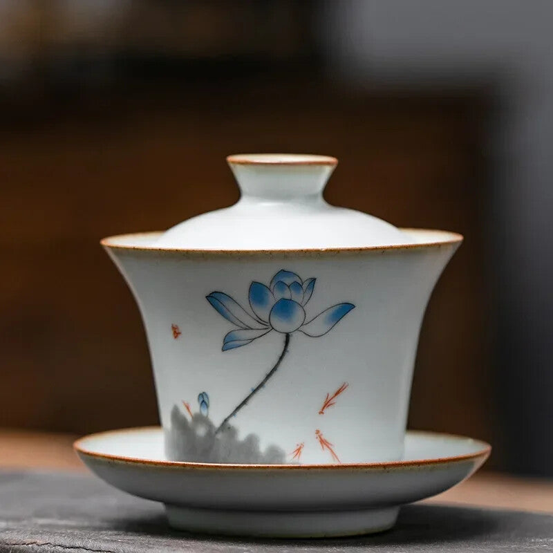 Chinese Retro Ru Kiln Tea Tureen Teacup Handmade Flower and Bird Ceramic Gaiwan