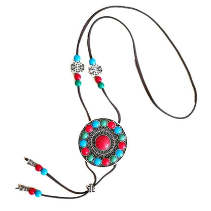 Ethnic Style Leather Rope Sweater Chain Vintage Handmade Long Necklace Boho