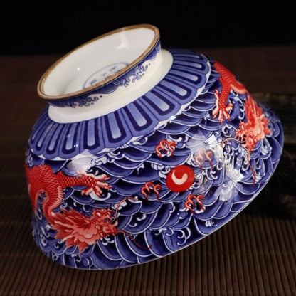 6.2" Chinese Blue and White Porcelain Red Glaze Two Dragon Grain Big Bowl
