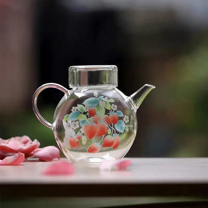 Hand-printed Strawberry Round Ball Glass Kettle Hand Pot Tea Maker Tea Infuser
