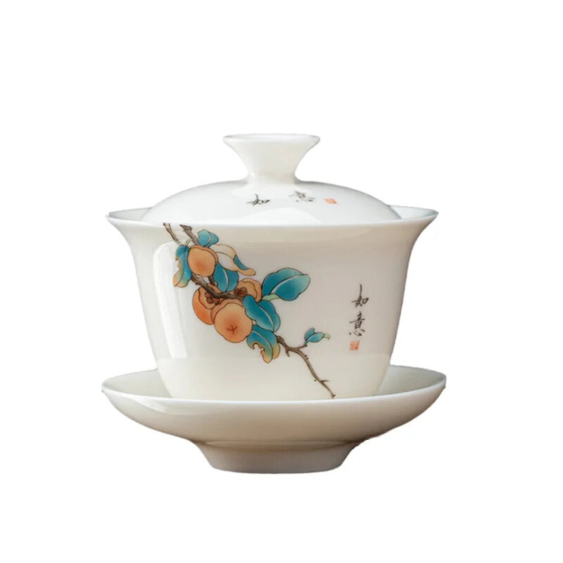 Chinese Suet Jade White Porcelain Tea Tureen Bowl Handmade Ceramic Teacup