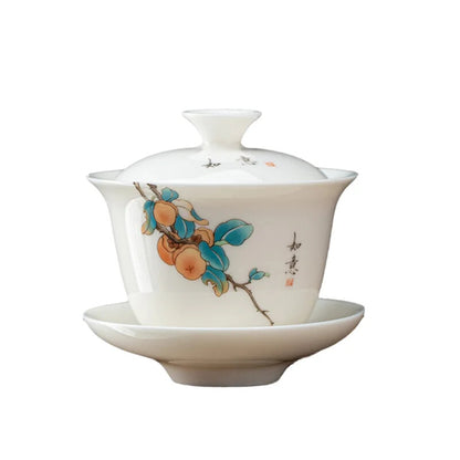 Chinese Suet Jade White Porcelain Tea Tureen Bowl Handmade Ceramic Teacup