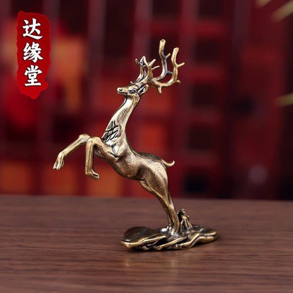 Brass Sika Deer Figurine Mini Copper Desktop Ornament