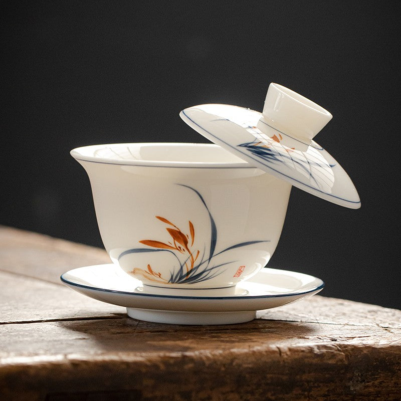 Mutton-fat Jade San Cai Gaiwan Tea Bowl Tea Set White Porcelain