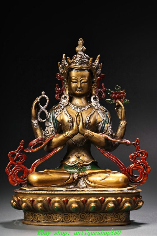7.8''Old Tibet Bronze Painting 4 arms Chenrezig Avalokiteshvara Buddha Statue