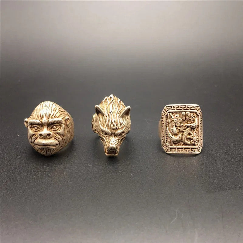 1pc Old Chinese Tibetan Wolf Head Monkey Head Flowers Bird Jewelry Finger Ring