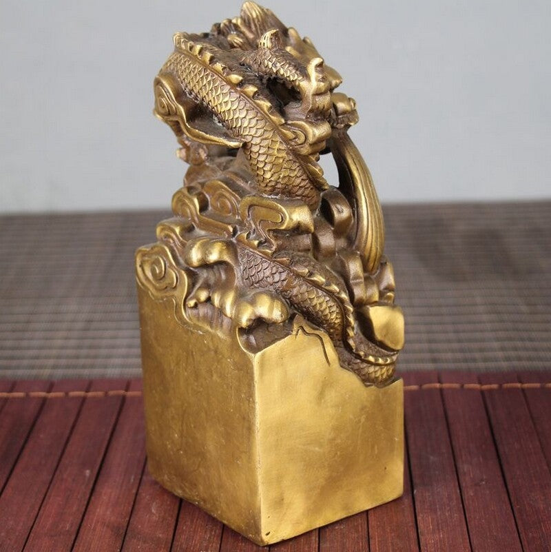 Chinese Royal Brass Dragon Seal Stamp Statue Feng Shui Decor