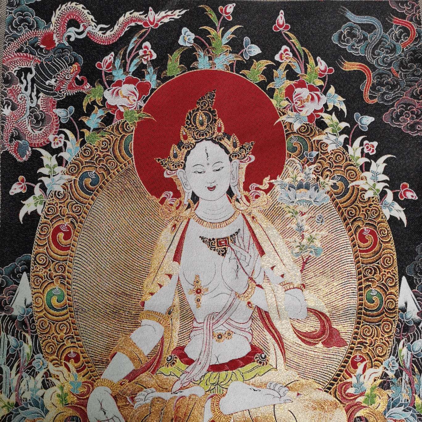 36" Tibet Tibetan Cloth Silk Buddhism Dragon Kwan-yin Tara Tangka Thangka Mural