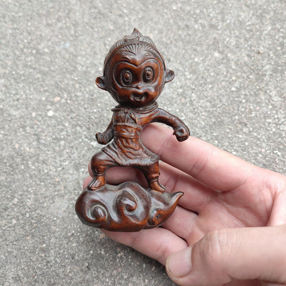 Vintage Art Chinese Wooden Statue Lovely Woodwork Cute Monkey King Carved Gift