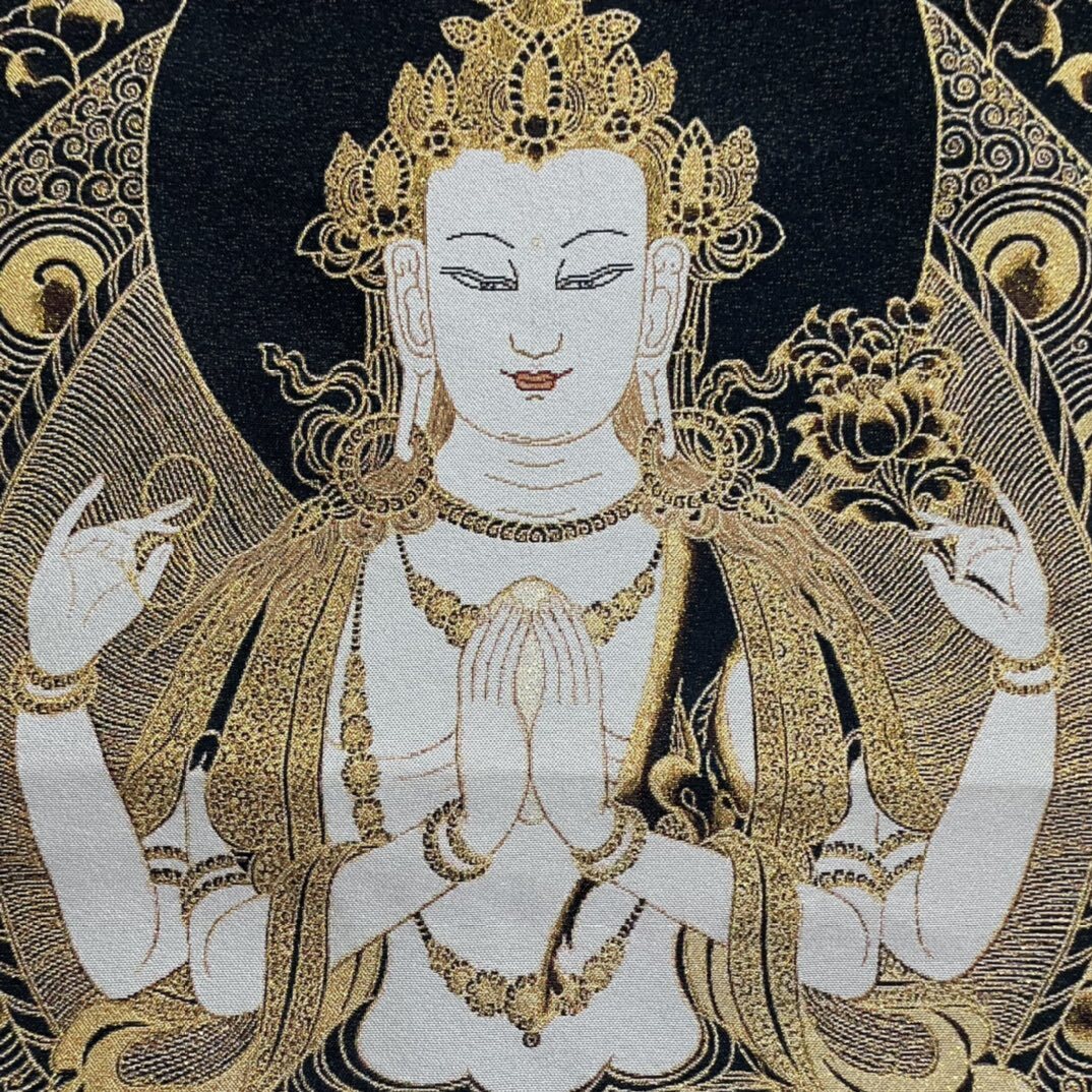 35" Decor Silk Cloth Embroidery black gold 4 Arm kwan yin thangka Mural guanyin